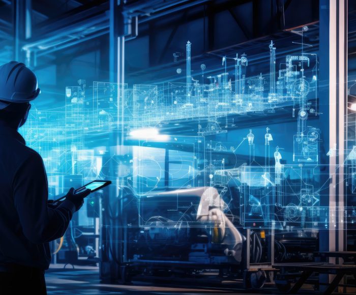 Silhouette engineer control auto robot in industry 4.0 manufacturing with smart connect communication technology including 5g, artificial intelligent AI, big data, IOT. Warm background